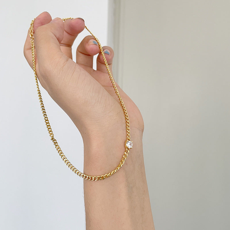 Collier Femme en Argent 925 Doré avec Zircon – Chaîne Fine Élégante