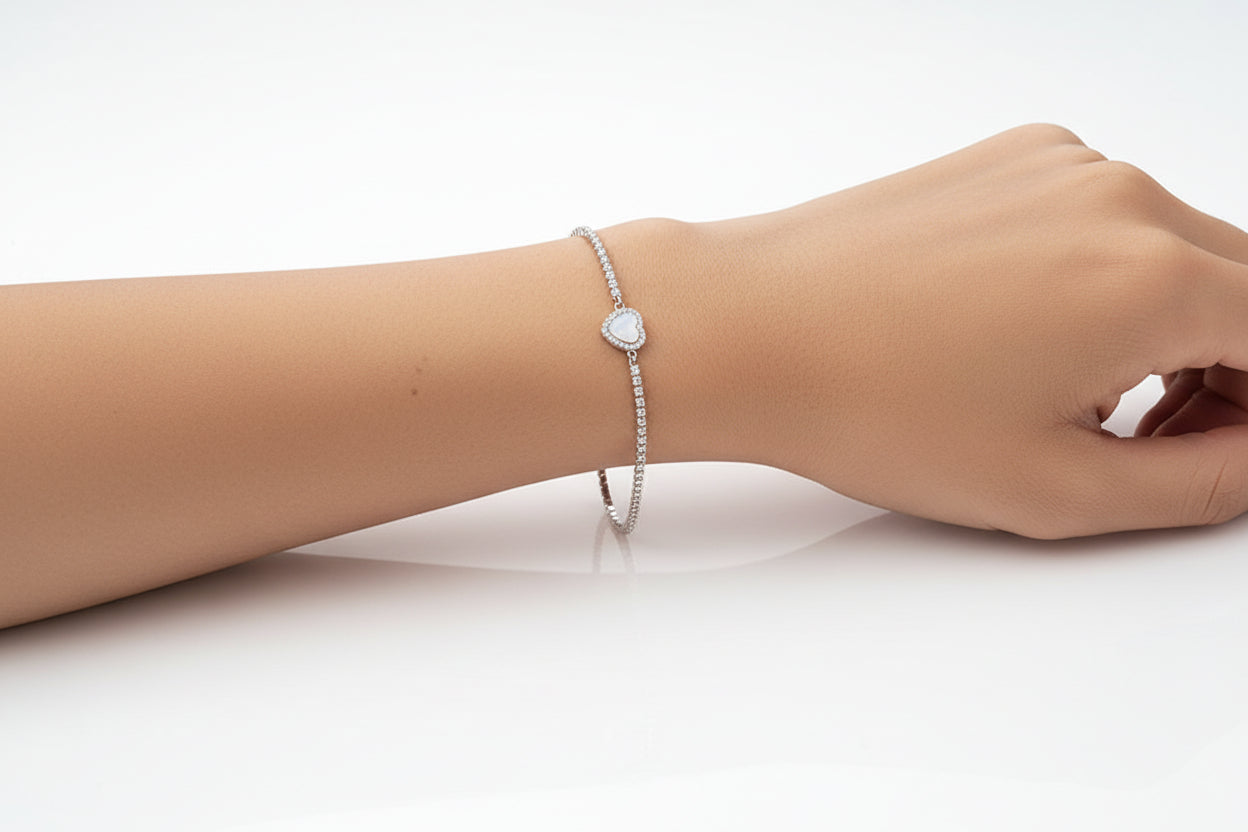 Adjustable Women's 925 Silver Opal Heart Bracelet