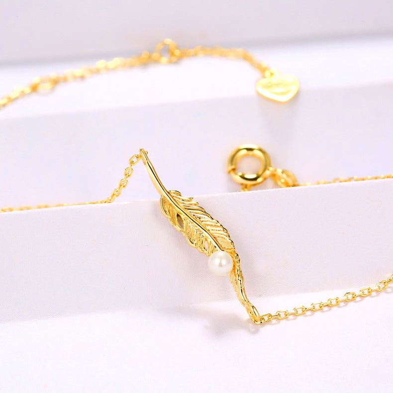 Bracelet Femme en Argent 925 avec Perle d’Eau Douce – Plume Dorée