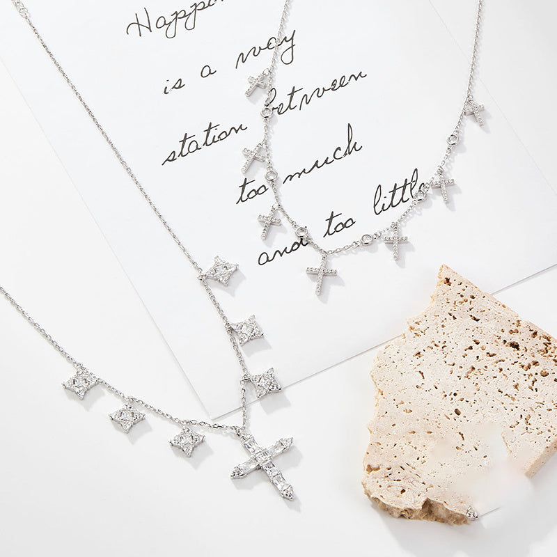 Collier clavicule en ARGENT 925 avec Pendentifs Croix et Zircons – Style européen et américain