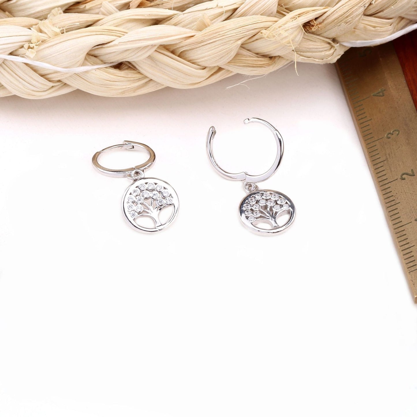 Boucles d’oreilles arbre Porte-Bonheur en ARGENT 925 Plaqué Or et Zircons