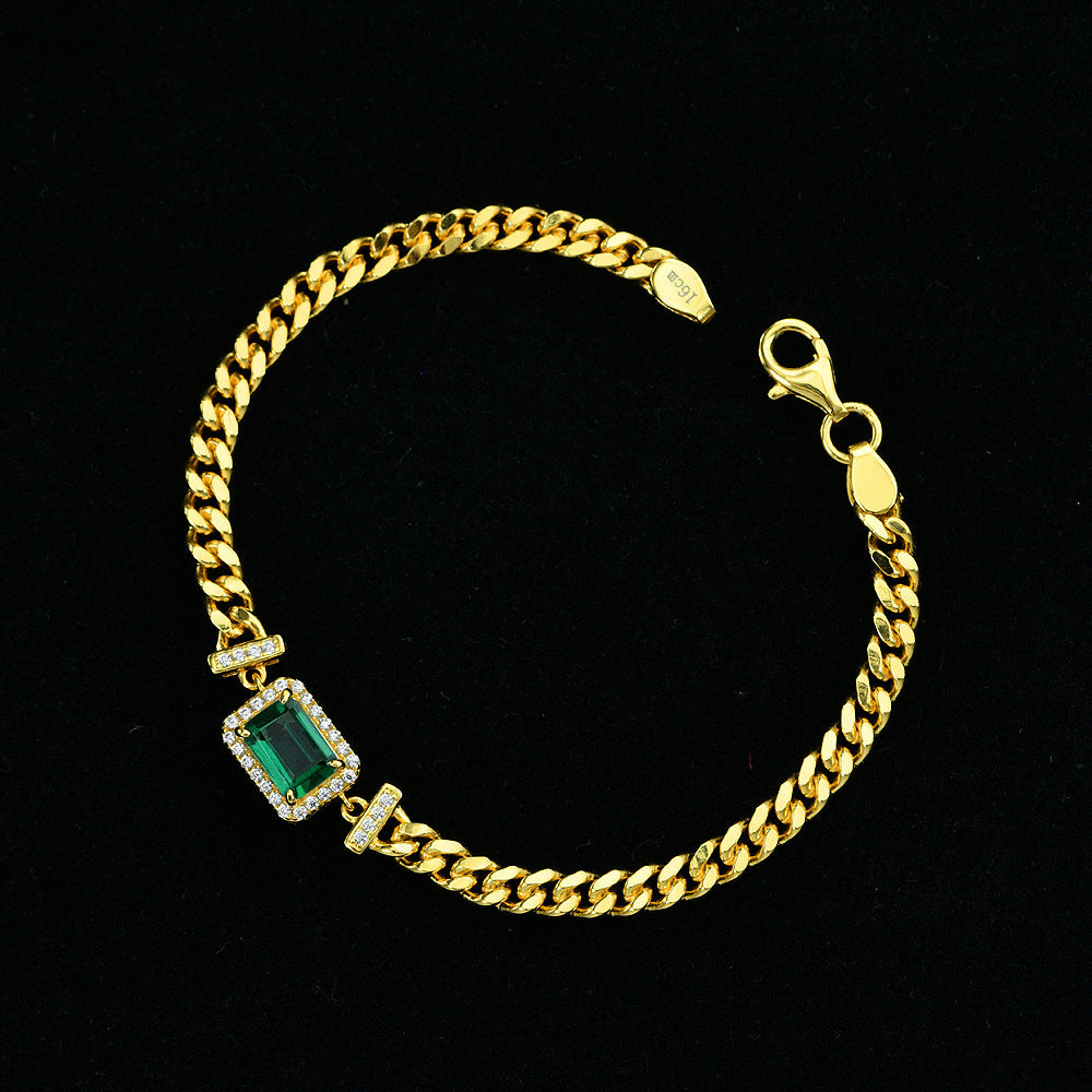 Women's 925 Sterling Silver Gold Plated Curb Chain Bracelet with Rectangular Emerald