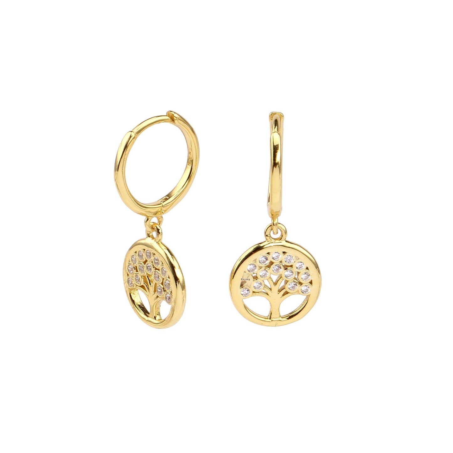 Boucles d’oreilles arbre Porte-Bonheur en ARGENT 925 Plaqué Or et Zircons