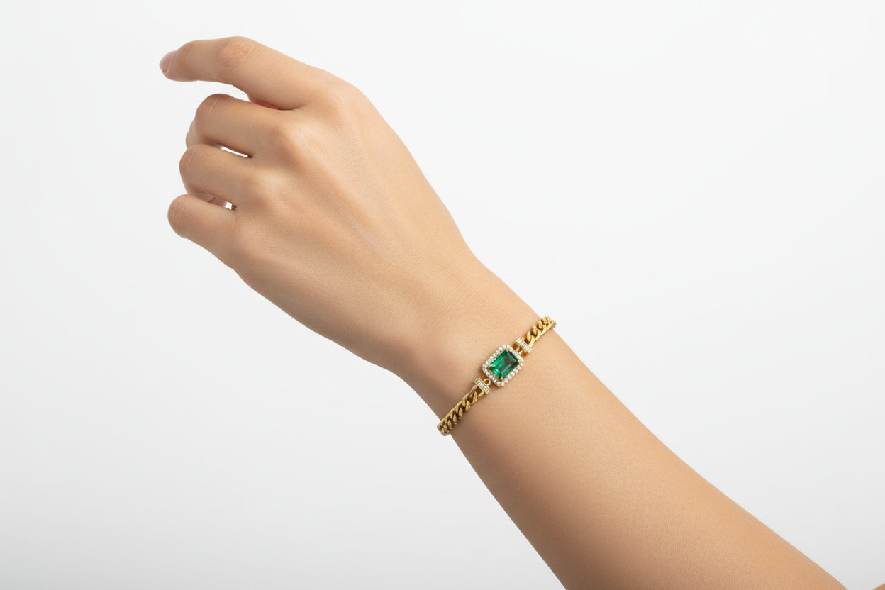 Bracelet Femme Gourmette Argent 925 Plaqué Or avec Émeraude Rectangulaire