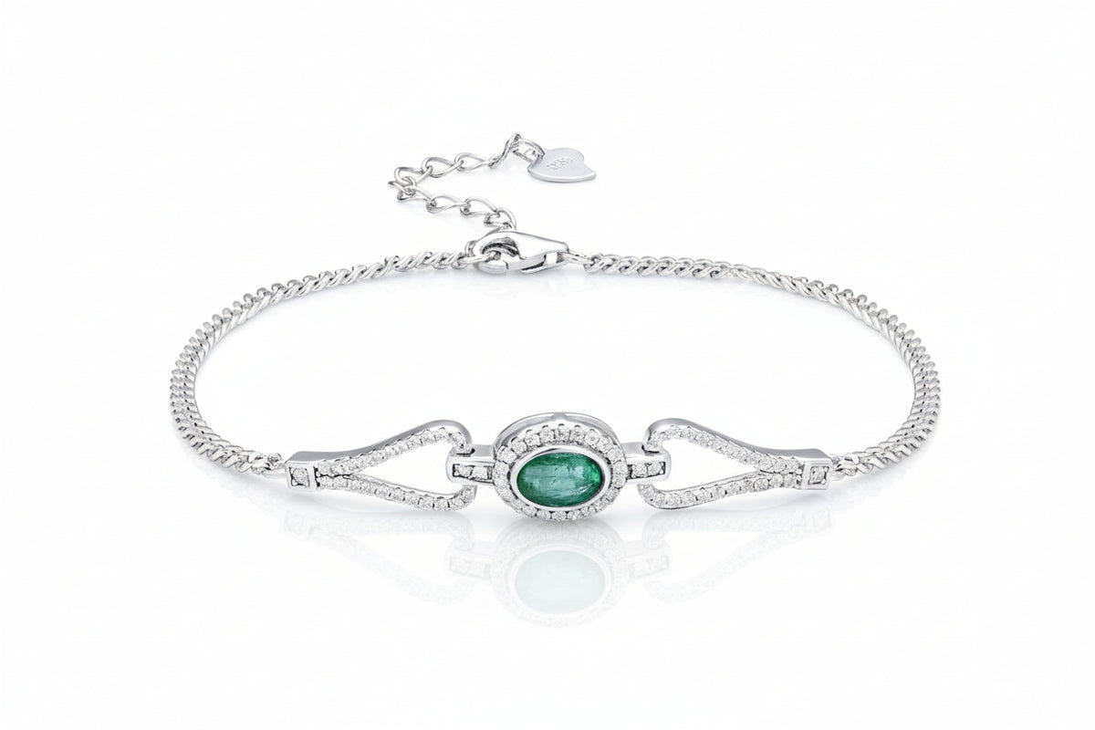 Women's 925 Sterling Silver Bracelet with Emerald and Zirconia - Prosperity and Well-being