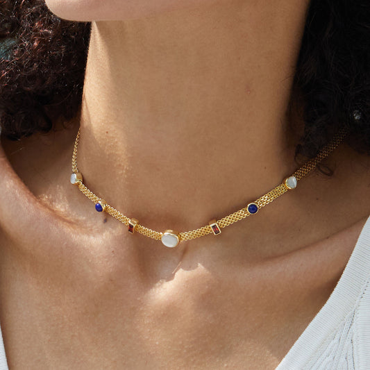 Collier Stylé avec Pierres Naturelles en ARGENT 925 plaqué Or 18 K – Design Industriel luxueux