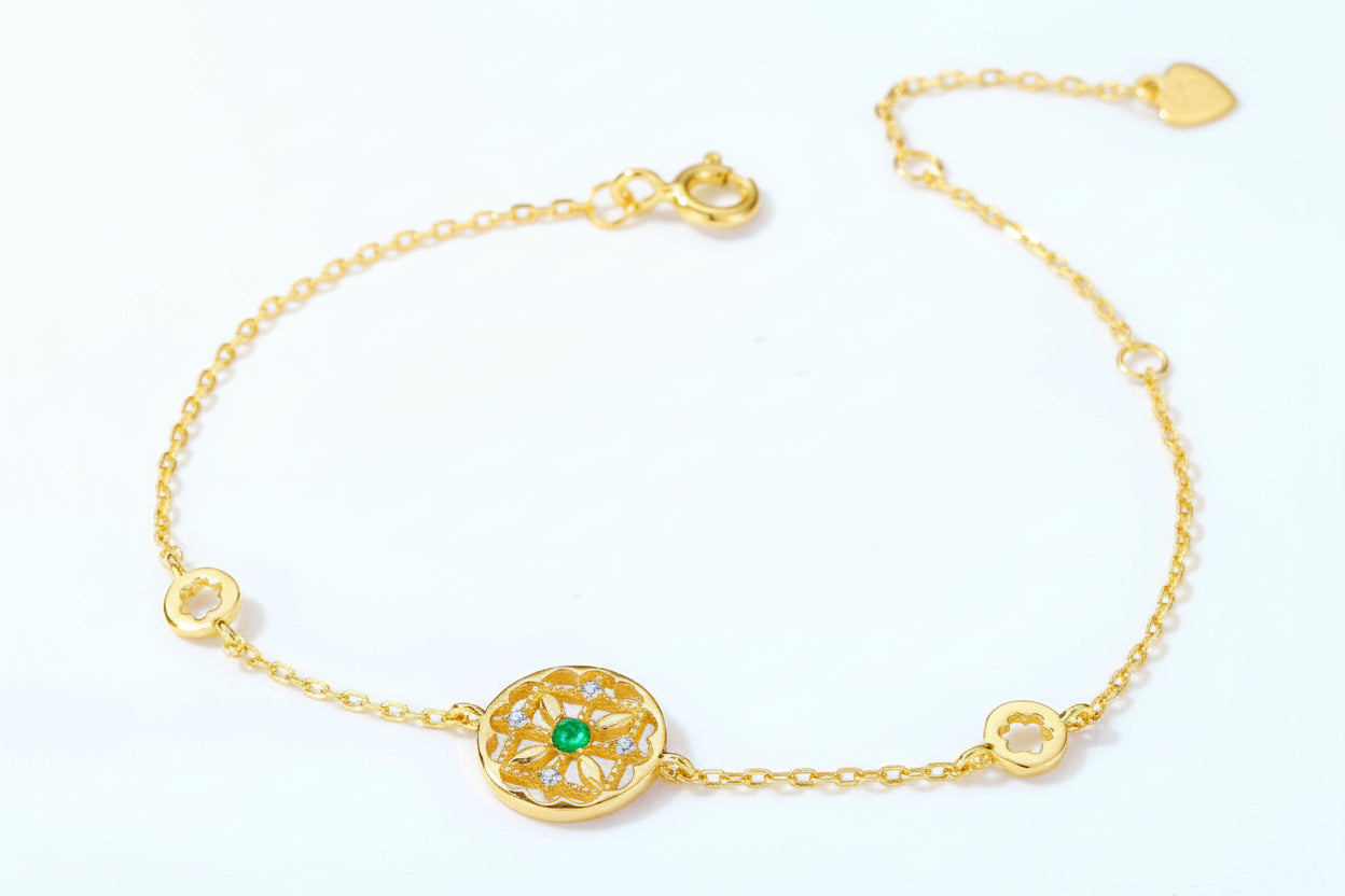 Bracelet Mandala Femme en Argent 925 Plaqué Or avec Pierre Verte