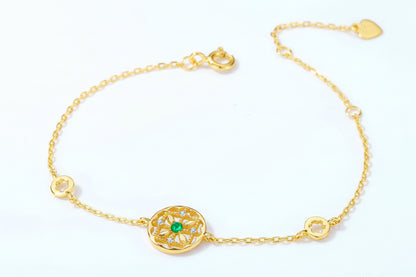 Bracelet Mandala Femme en Argent 925 Plaqué Or avec Pierre Verte