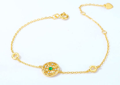 Bracelet Mandala Femme en Argent 925 Plaqué Or avec Pierre Verte