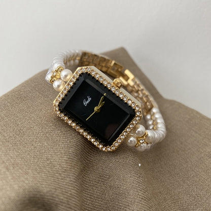 Montre Femme Bijou Bracelet Dorée avec Perles  – Cadran Noir Élégant