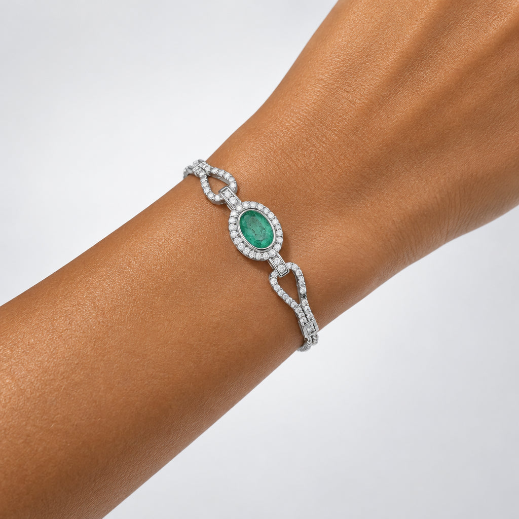 Women's 925 Sterling Silver Bracelet with Emerald and Zirconia - Prosperity and Well-being