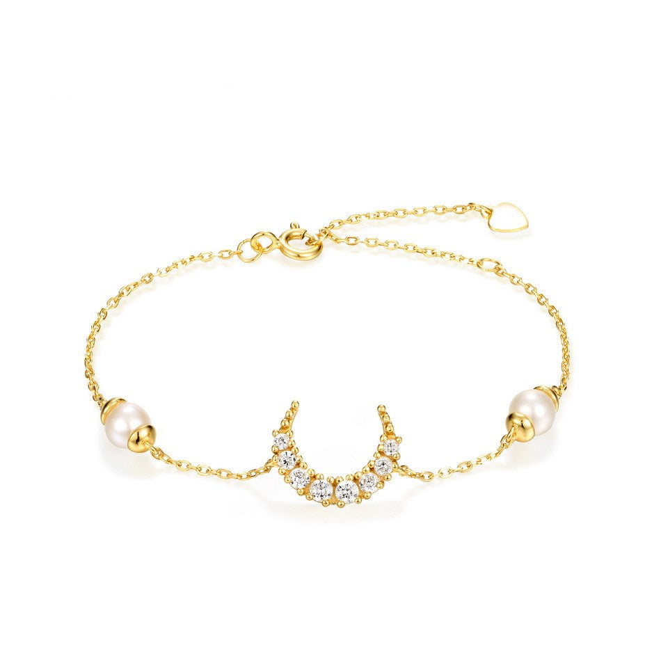 Bracelet Femme Lune et Perles en Argent 925 Plaqué Or