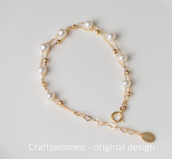 Bracelet Double en PERLES d’eau douce naturelles – Élégance raffinée et OR VÉRITABLE 14K