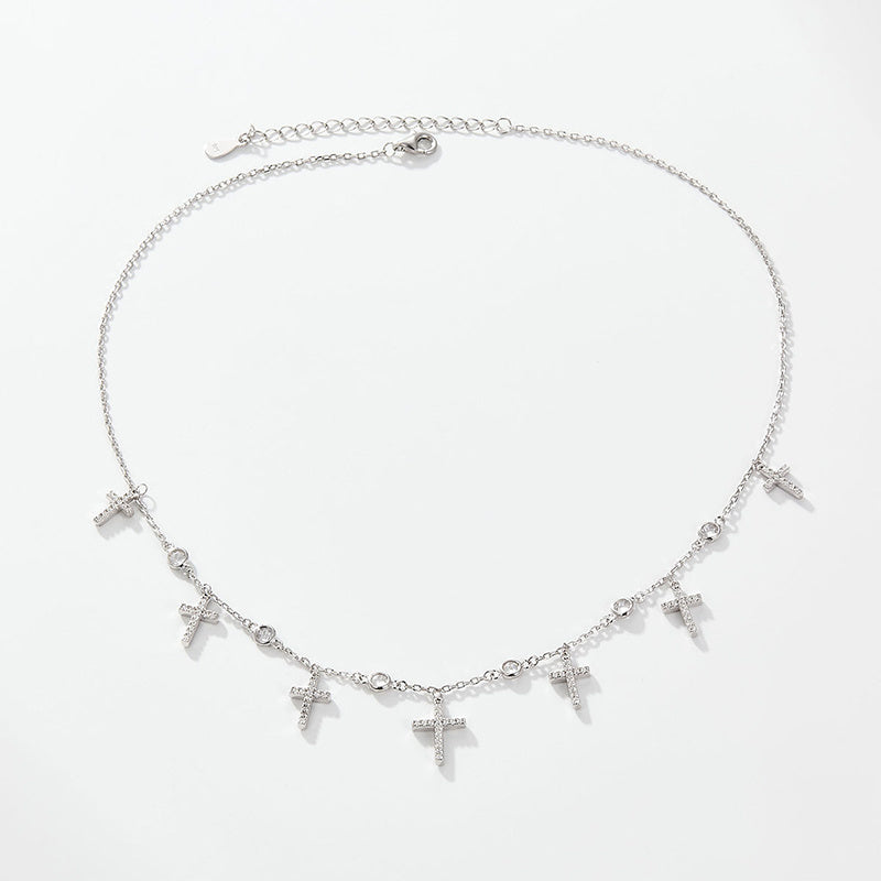 Collier clavicule en ARGENT 925 avec Pendentifs Croix et Zircons – Style européen et américain