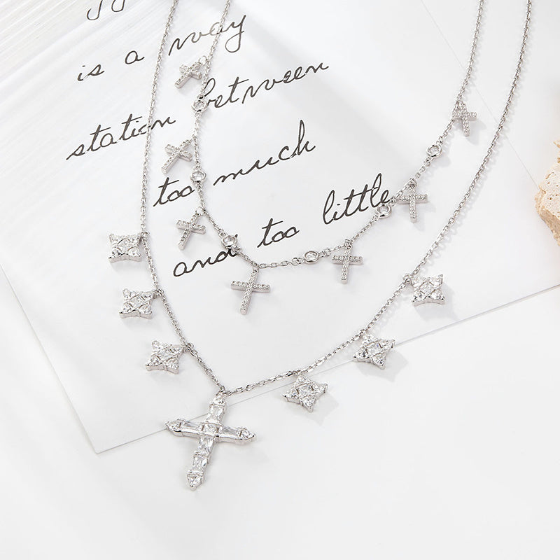 Collier clavicule en ARGENT 925 avec Pendentifs Croix et Zircons – Style européen et américain