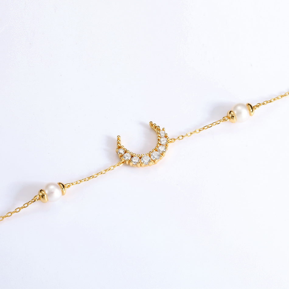 Bracelet Femme Lune et Perles en Argent 925 Plaqué Or