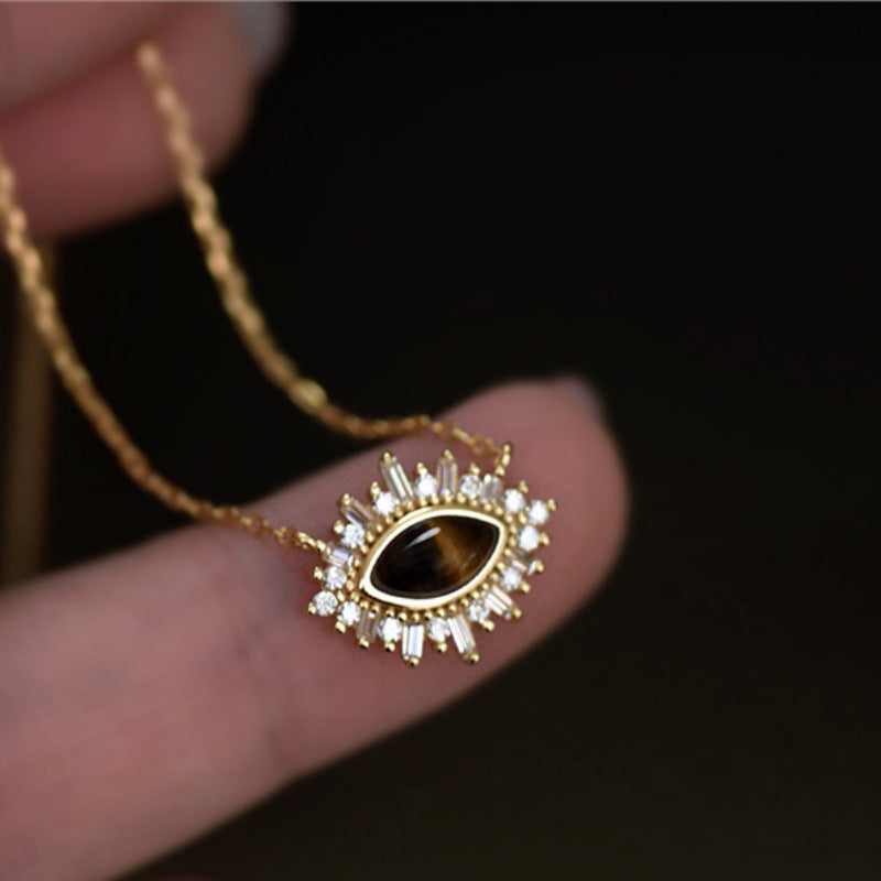Collier Femme en Argent 925 avec Œil de Tigre & Zircons – Élégance Solaire