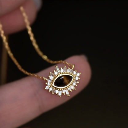Collier Femme en Argent 925 avec Œil de Tigre & Zircons – Élégance Solaire