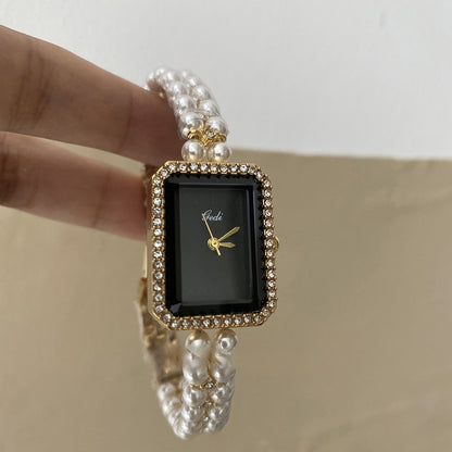 Montre Femme Bijou Bracelet Dorée avec Perles  – Cadran Noir Élégant