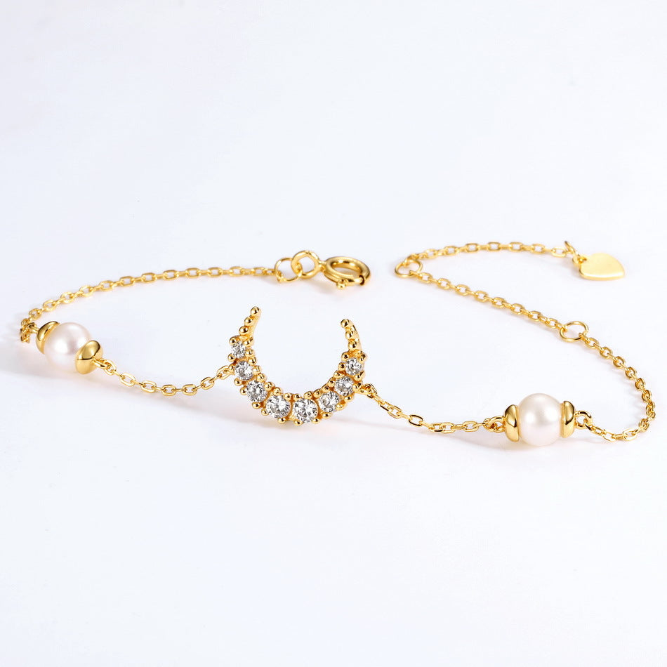 Bracelet Femme Lune et Perles en Argent 925 Plaqué Or