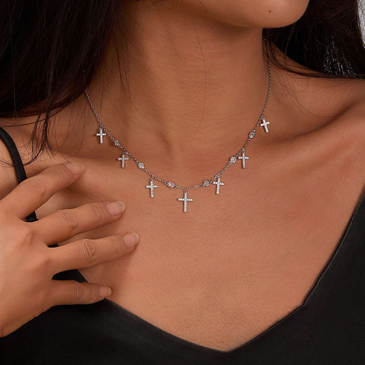 Collier clavicule en ARGENT 925 avec Pendentifs Croix et Zircons – Style européen et américain