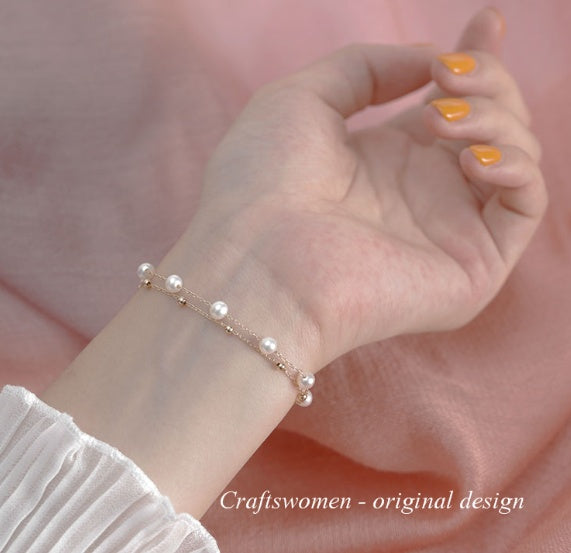 Bracelet Double en PERLES d’eau douce naturelles – Élégance raffinée et OR VÉRITABLE 14K