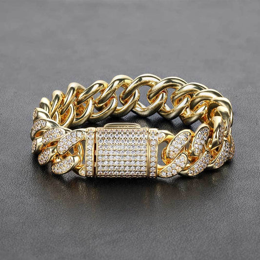 Bracelet à Double Rangée de Diamants 15 mm – Style Urbain et Maillons Cubains