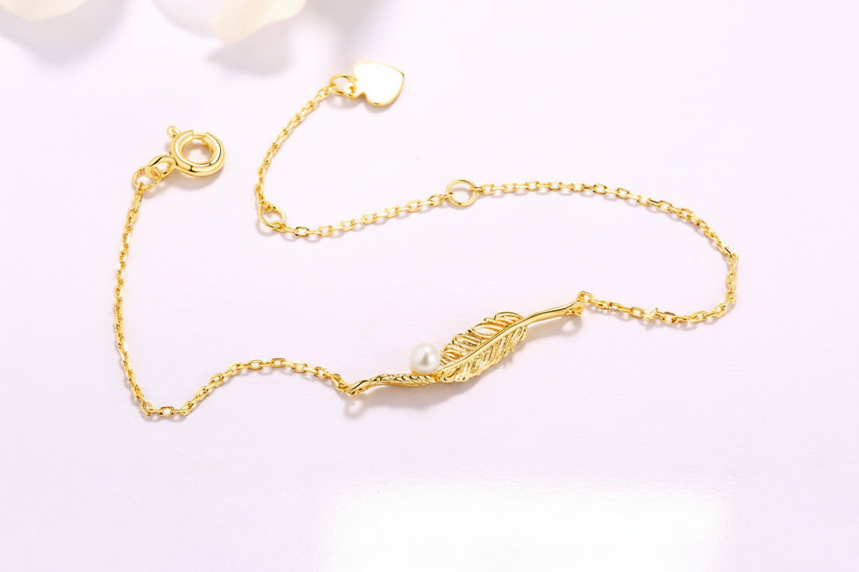 Bracelet Femme en Argent 925 avec Perle d’Eau Douce – Plume Dorée