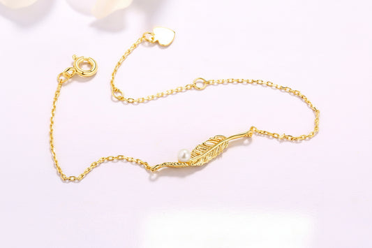 Bracelet Femme en Argent 925 avec Perle d’Eau Douce – Plume Dorée