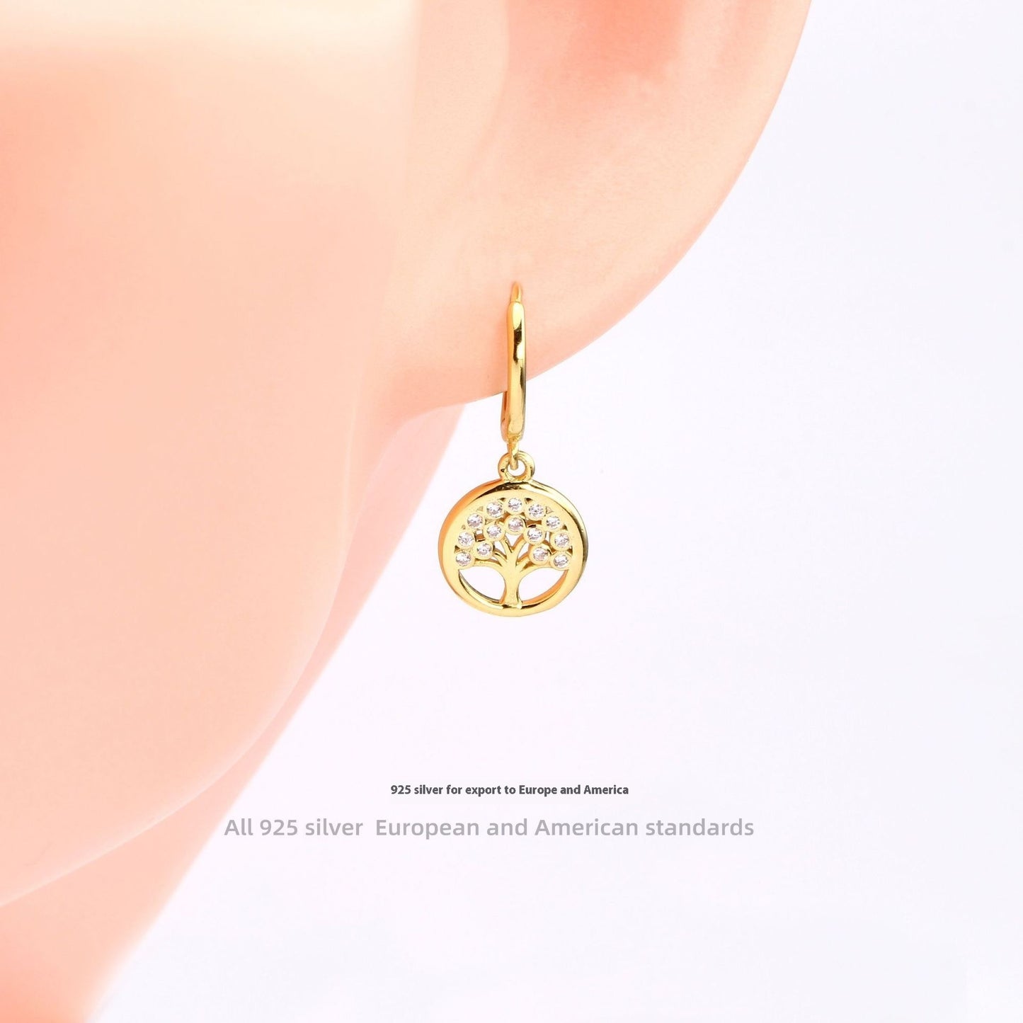 Boucles d’oreilles arbre Porte-Bonheur en ARGENT 925 Plaqué Or et Zircons