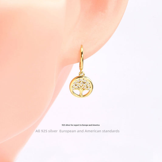 Boucles d’oreilles arbre Porte-Bonheur en ARGENT 925 Plaqué Or et Zircons