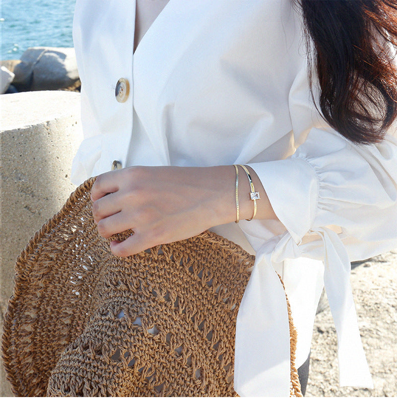 Bracelet Femme Double Rang Argent 925 Plaqué Or avec Zircon Carré