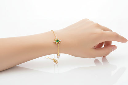 Bracelet Femme Émeraude et Perle en Argent 925 Plaqué Or