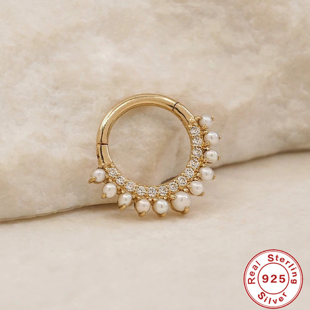 Clou d’oreille double rangée strass & perles en ARGENT S925 – Stylé et Charmant