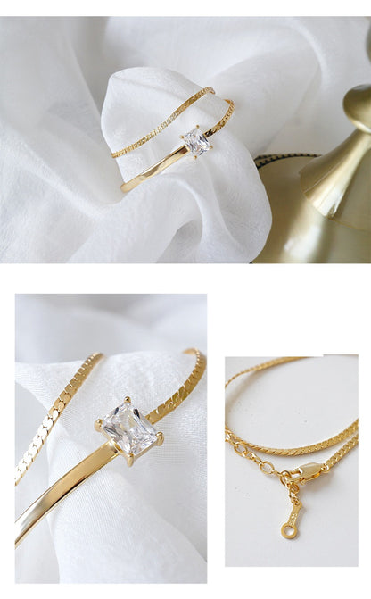 Bracelet Femme Double Rang Argent 925 Plaqué Or avec Zircon Carré