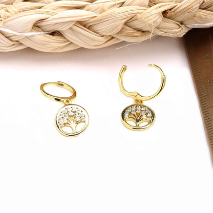 Boucles d’oreilles arbre Porte-Bonheur en ARGENT 925 Plaqué Or et Zircons