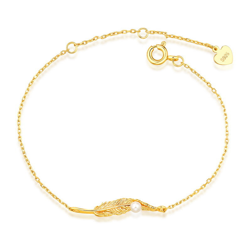 Bracelet Femme en Argent 925 avec Perle d’Eau Douce – Plume Dorée