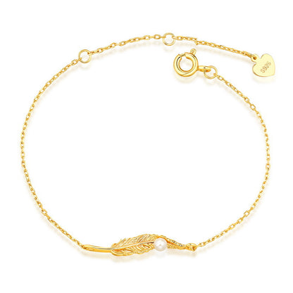 Bracelet Femme en Argent 925 avec Perle d’Eau Douce – Plume Dorée