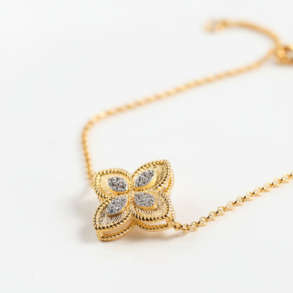 Bracelet Femme Trèfle Porte-Bonheur Argent 925 Plaqué Or avec Moissanite