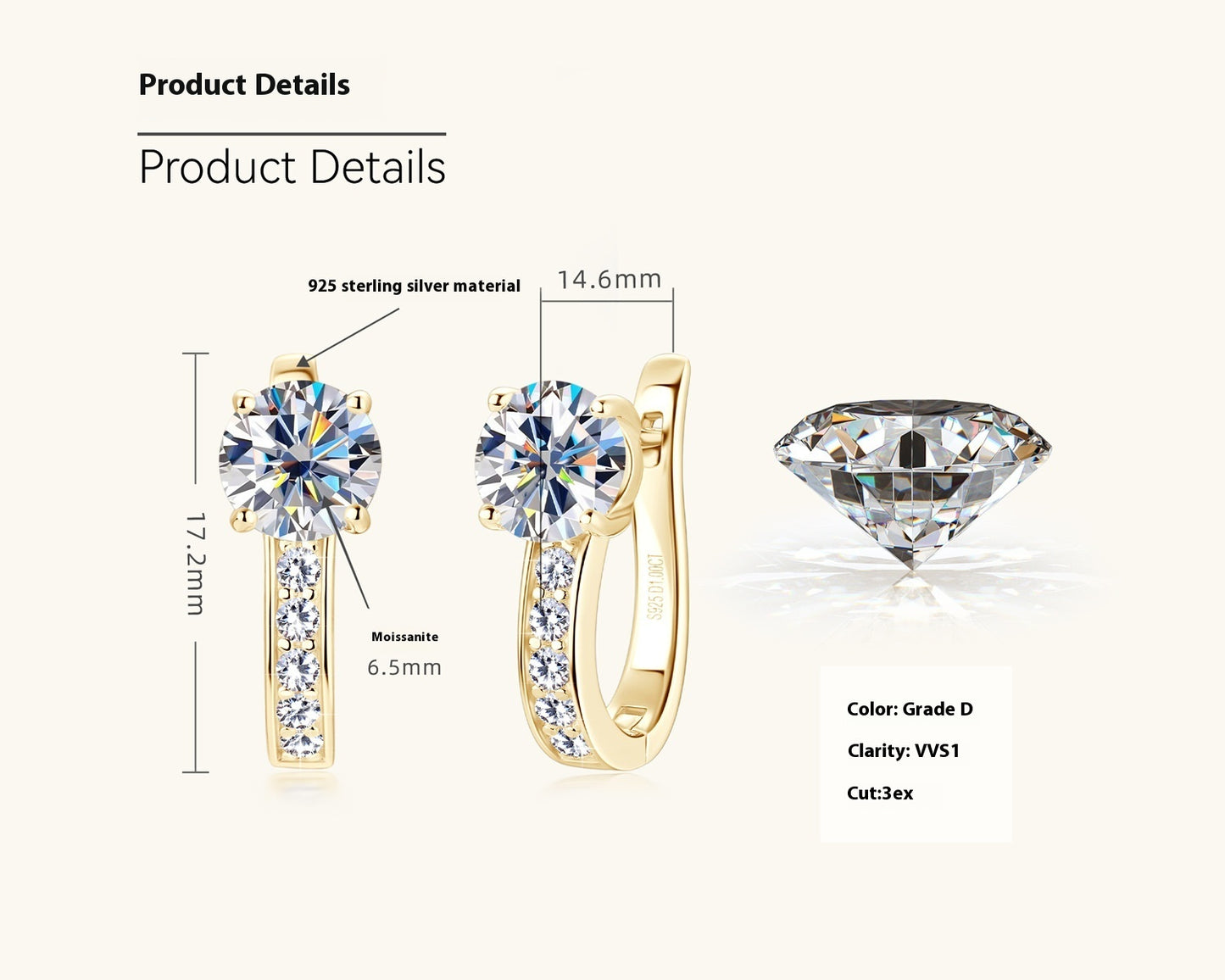 Boucles d’Oreilles Argent 925en U avec Moissanite 1 Carat – Élégance Moderne