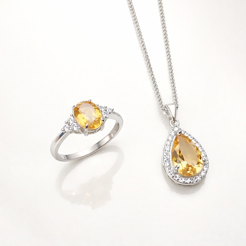 Parure Femme en Argent 925 avec Citrine – Collier et Bague