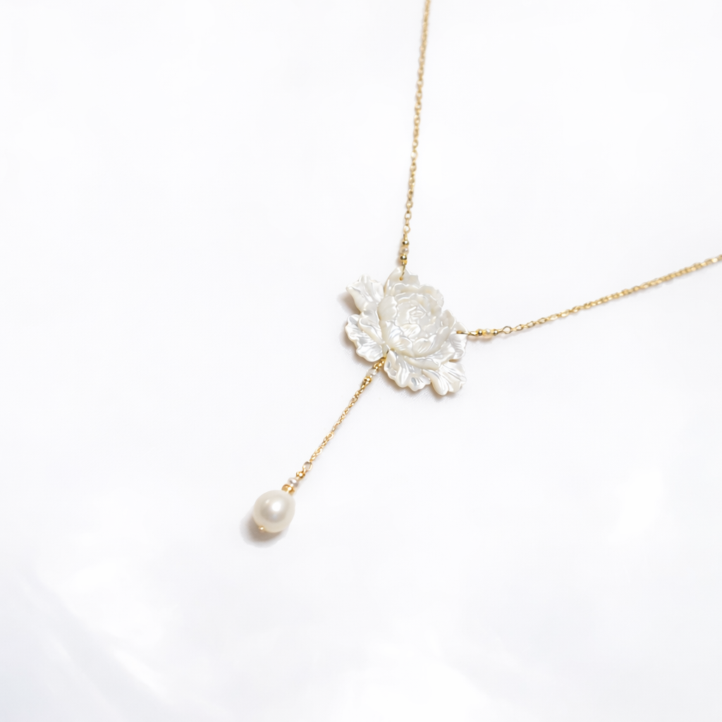 Collier Femme fleur de vie Plaqué OR 14 carats - Perle de Jade et Coquillage