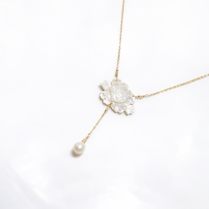 Collier Femme fleur de vie Plaqué OR 14 carats - Perle de Jade et Coquillage