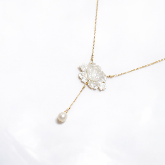 Collier Femme fleur de vie Plaqué OR 14 carats - Perle de Jade et Coquillage