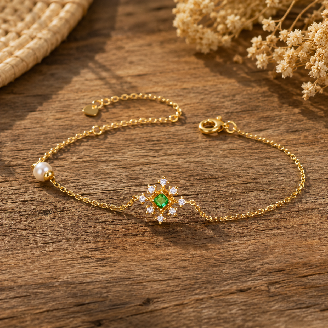 Women's Gold Plated Sterling Silver Emerald and Pearl Bracelet