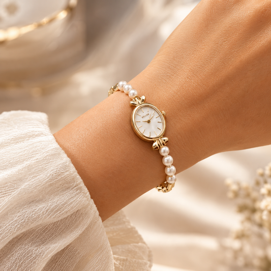 Women's Watch with Natural Pearls, 14k Gold Plated - Elegance and Refinement