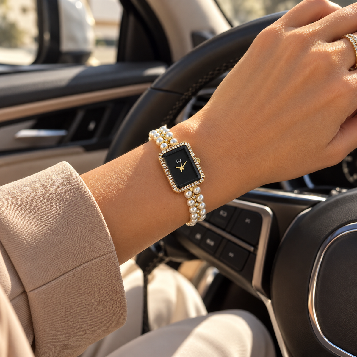 Montre Femme Bijou Bracelet Doré avec perles – Cadran Noir Élégant