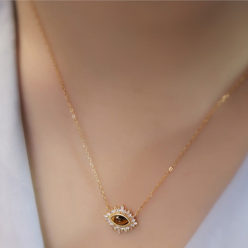 Collier Femme en Argent 925 avec Œil de Tigre & Zircons – Élégance Solaire