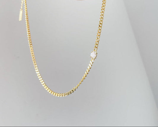 Collier Femme en Argent 925 Doré avec Zircon – Chaîne Fine Élégante