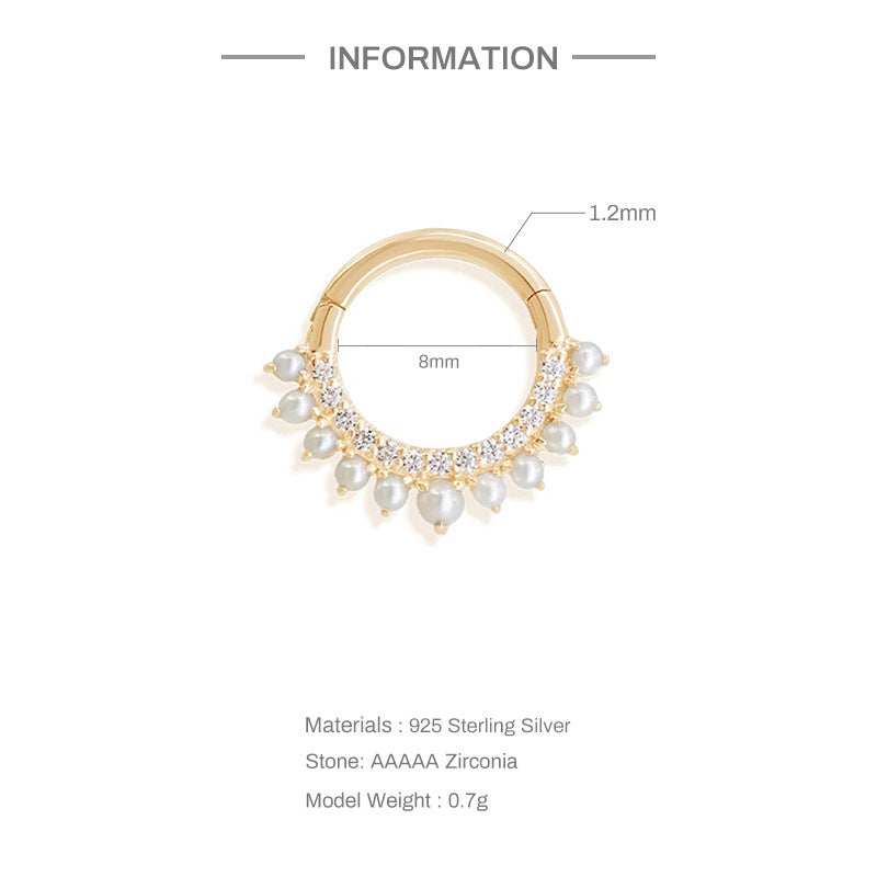 Clou d’oreille double rangée strass & perles en ARGENT S925 – Stylé et Charmant